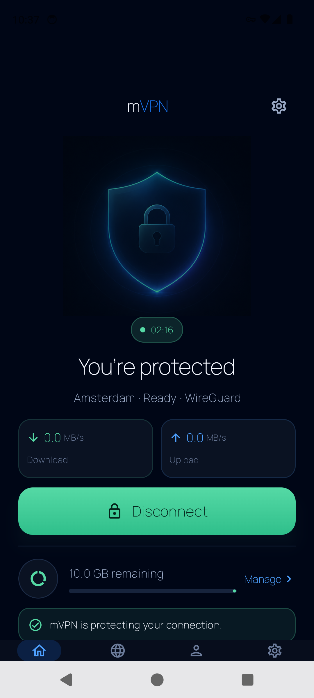 mVPN Android home screen showing a connected WireGuard tunnel and the Disconnect button